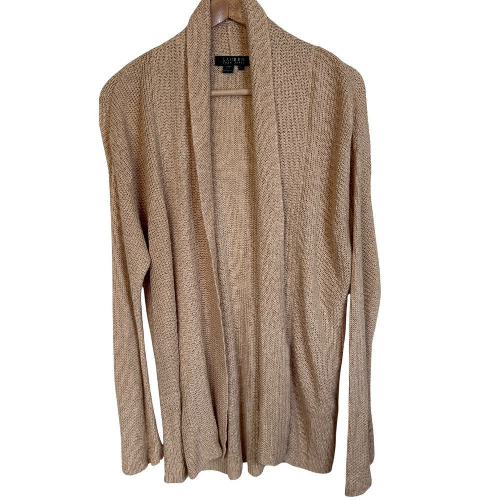 Lauren Ralph Lauren Cardigan Women Large Beige Excellent 100% Linen Open Front